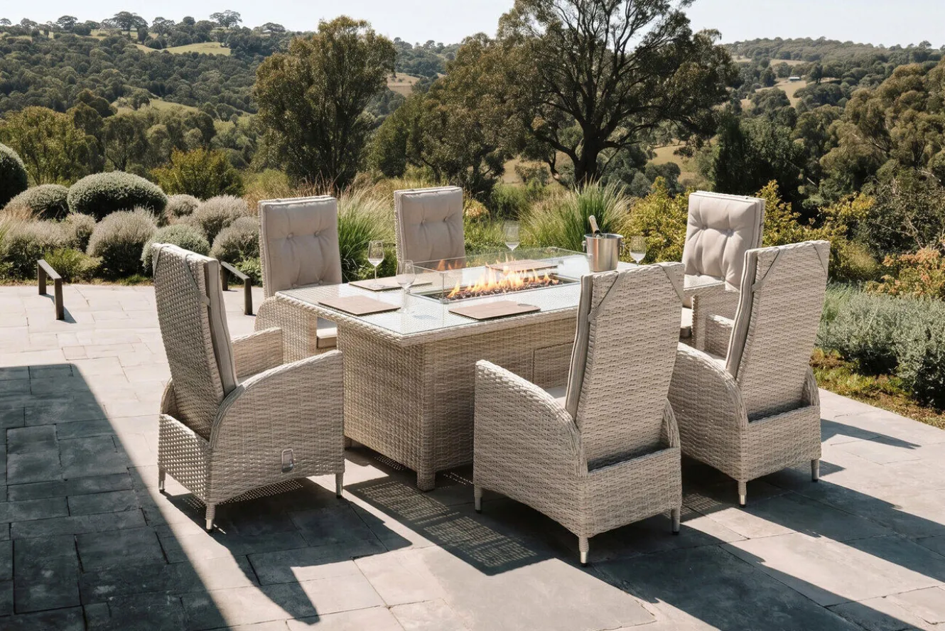 OUTFLEXX Garten-Essgruppe für 6 Personen, dessert-beige, Alu/Polyrattan, mit Feuertisch 200 x 100 cm, UV- & witterungsbeständig