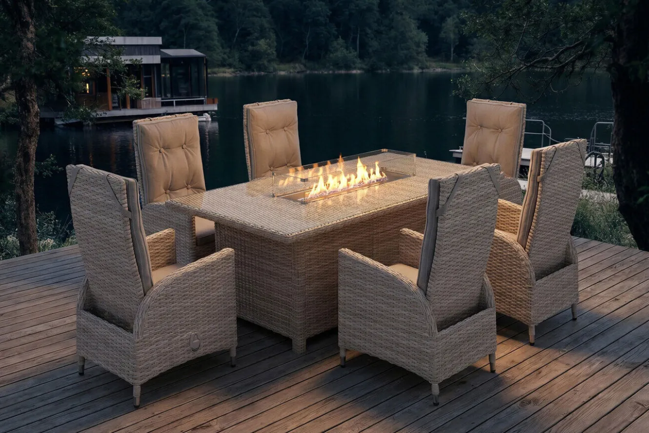 OUTFLEXX Garten-Essgruppe für 6 Personen, dessert-beige, Alu/Polyrattan, mit Feuertisch 200 x 100 cm, UV- & witterungsbeständig