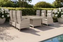 OUTFLEXX Garten-Essgruppe für 6 Personen, dessert-beige, Alu/Polyrattan, mit Feuertisch 200 x 100 cm, UV- & witterungsbeständig