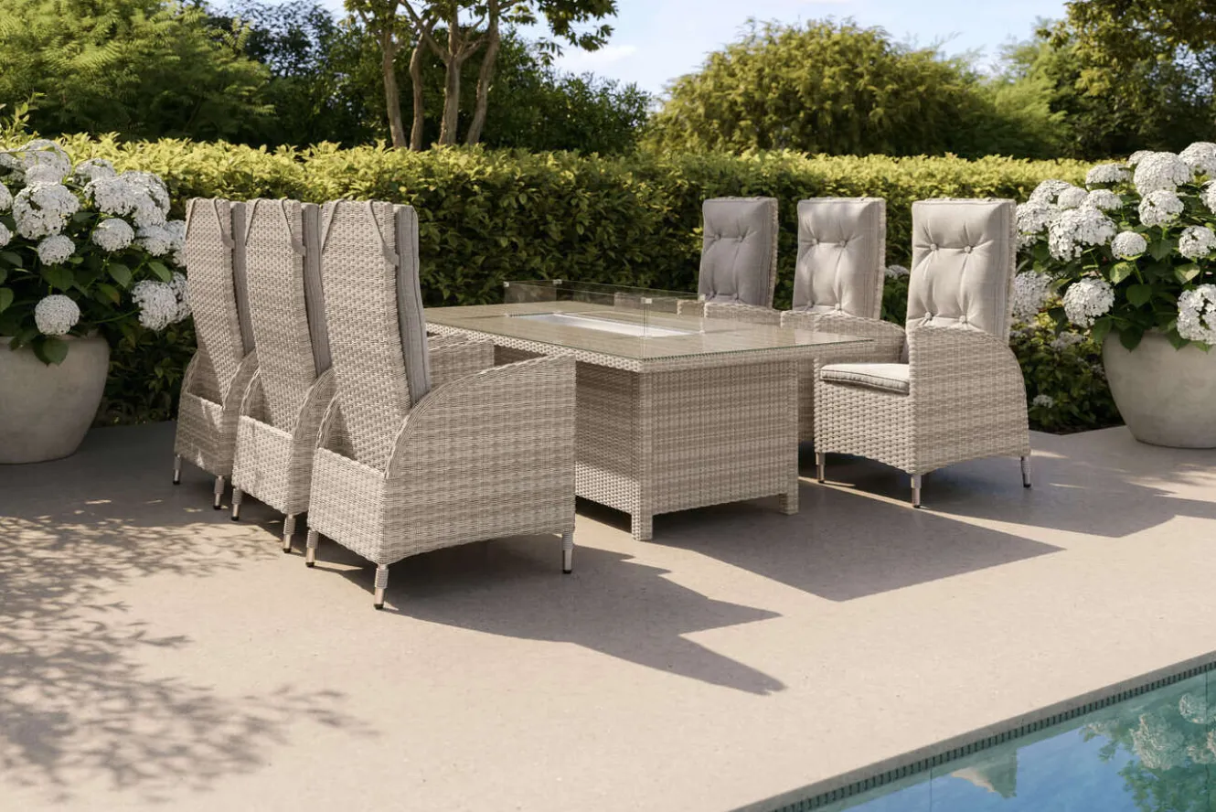 OUTFLEXX Garten-Essgruppe für 6 Personen, dessert-beige, Alu/Polyrattan, mit Feuertisch 200 x 100 cm, UV- & witterungsbeständig