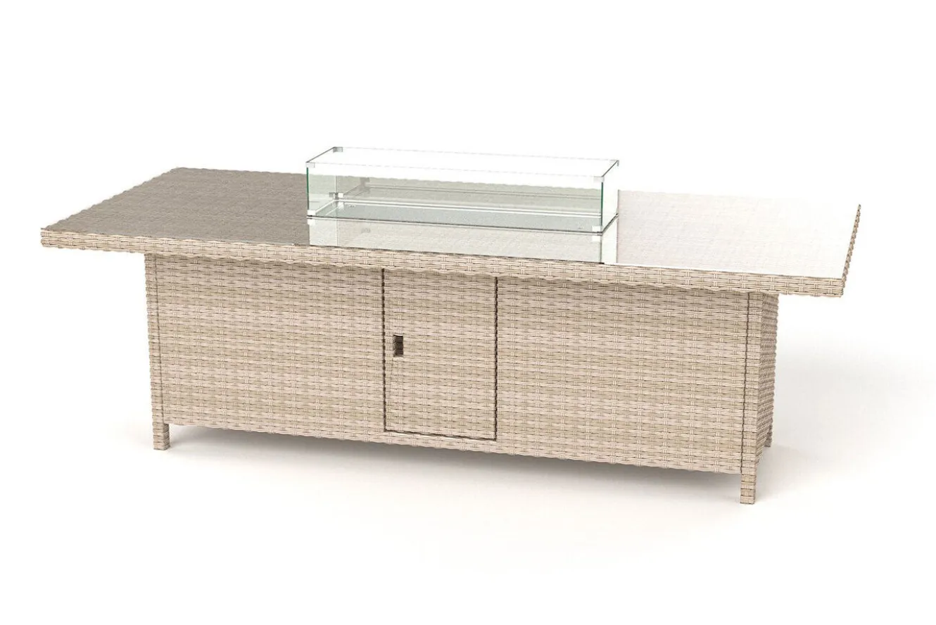 OUTFLEXX Garten-Essgruppe für 6 Personen, dessert-beige, Alu/Polyrattan, mit Feuertisch 200 x 100 cm, UV- & witterungsbeständig