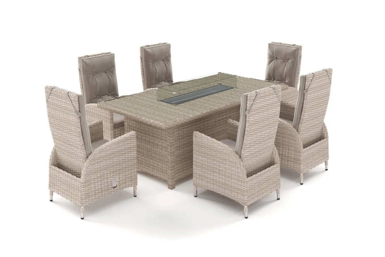 OUTFLEXX Garten-Essgruppe für 6 Personen, dessert-beige, Alu/Polyrattan, mit Feuertisch 200 x 100 cm, UV- & witterungsbeständig
