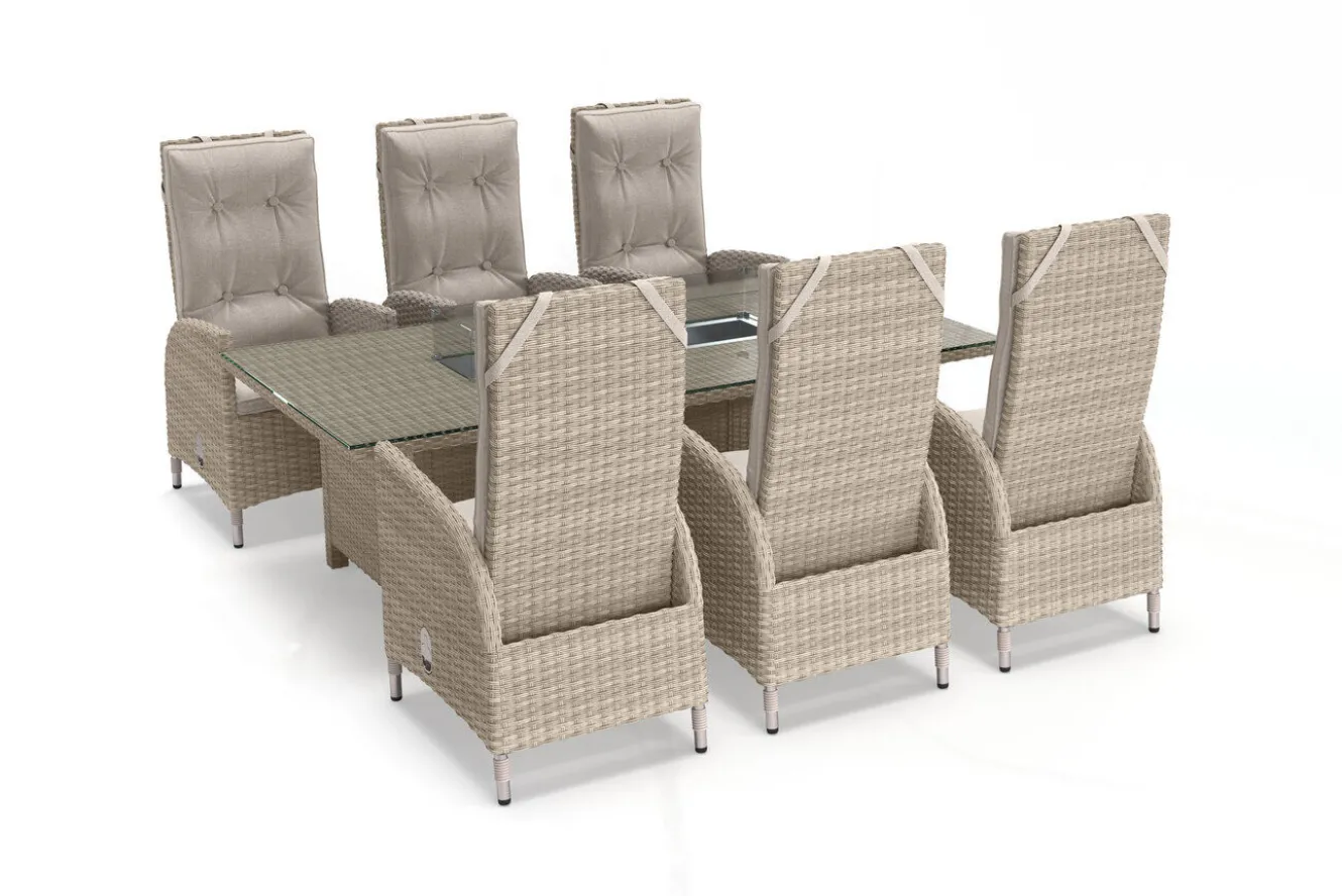 OUTFLEXX Garten-Essgruppe für 6 Personen, dessert-beige, Alu/Polyrattan, mit Feuertisch 200 x 100 cm, UV- & witterungsbeständig