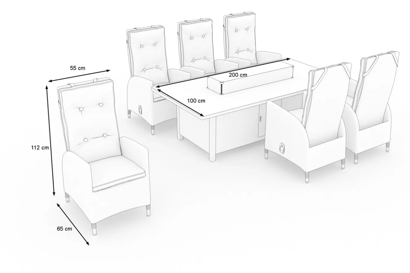 OUTFLEXX Garten-Essgruppe für 6 Personen, dessert-beige, Alu/Polyrattan, mit Feuertisch 200 x 100 cm, UV- & witterungsbeständig