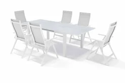 OUTFLEXX Garten-Essgruppe für 6 Personen, creme/weiß, Alu/Sicherheitsglas, Tisch ausziehbar 180/240 x 100 cm, Stühle klappbar