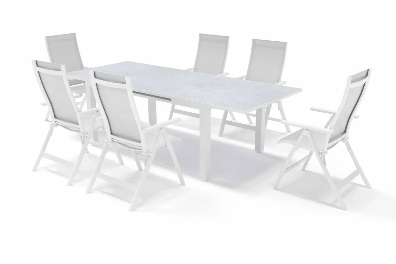 OUTFLEXX Garten-Essgruppe für 6 Personen, creme/weiß, Alu/Sicherheitsglas, Tisch ausziehbar 180/240 x 100 cm, Stühle klappbar
