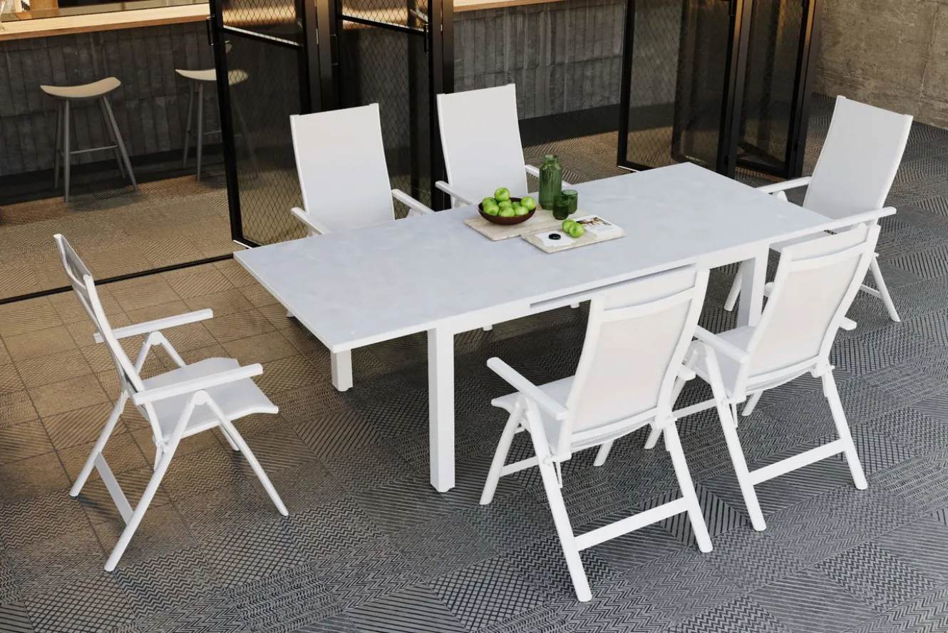 OUTFLEXX Garten-Essgruppe für 6 Personen, creme/weiß, Alu/Sicherheitsglas, Tisch ausziehbar 180/240 x 100 cm, Stühle klappbar