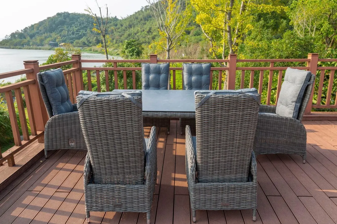 OUTFLEXX Garten-Essgruppe, grau, Polyrattan, Tisch 180x120cm, Spraystone, 8mm, 6 Dining Sessel, verstellbar