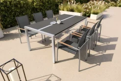 OUTFLEXX Gartenessgruppe, Grau, Edelstahl/Glaskeramik/FSC-Teakholz, Tisch 200x100cm, 6 Diningsessel, Stapelbar, Kratzfest