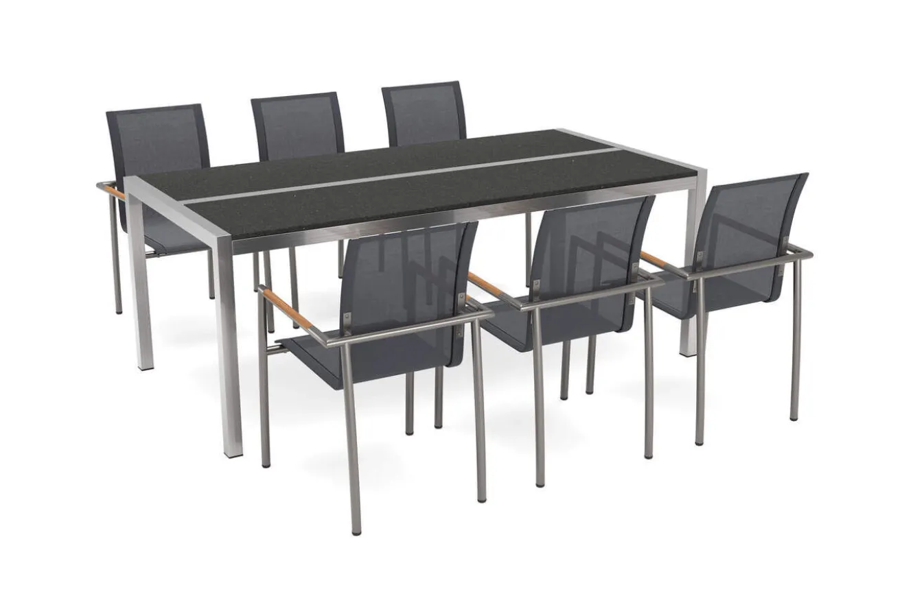OUTFLEXX Gartenessgruppe, Grau, Edelstahl/Glaskeramik/FSC-Teakholz, Tisch 200x100cm, 6 Diningsessel, Stapelbar, Kratzfest