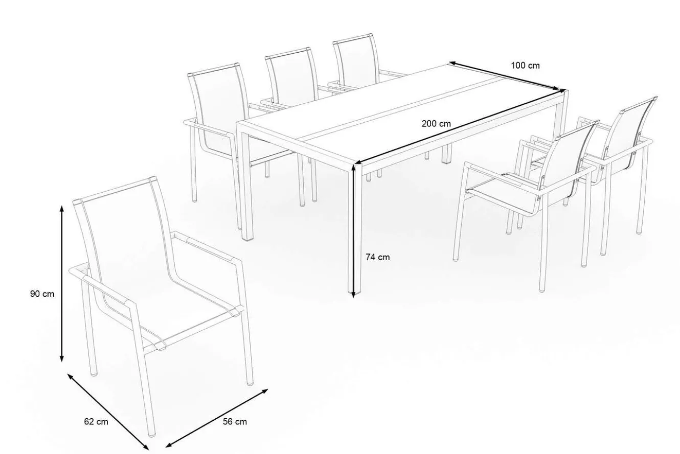 OUTFLEXX Gartenessgruppe, Grau, Edelstahl/Glaskeramik/FSC-Teakholz, Tisch 200x100cm, 6 Diningsessel, Stapelbar, Kratzfest