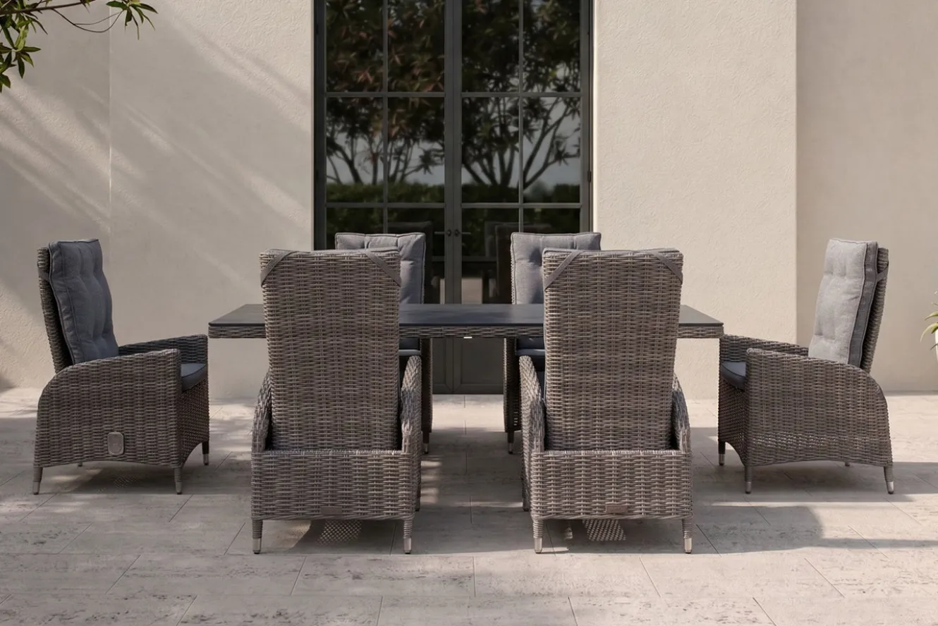 OUTFLEXX Garten-Essgruppe, grau, Polyrattan, Tisch 200 x 95 cm, 6 Sessel, verstellbar