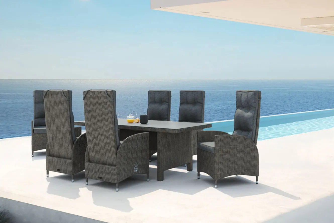 OUTFLEXX Garten-Essgruppe, grau, Polyrattan, Tisch 200 x 95 cm, 6 Sessel, verstellbar