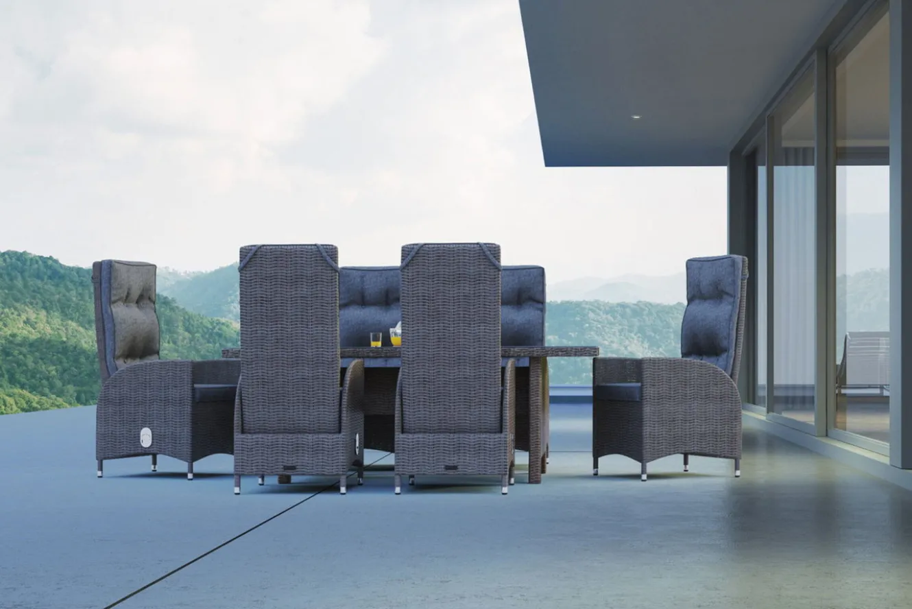 OUTFLEXX Garten-Essgruppe, grau, Polyrattan, Tisch 200 x 95 cm, 6 Sessel, verstellbar