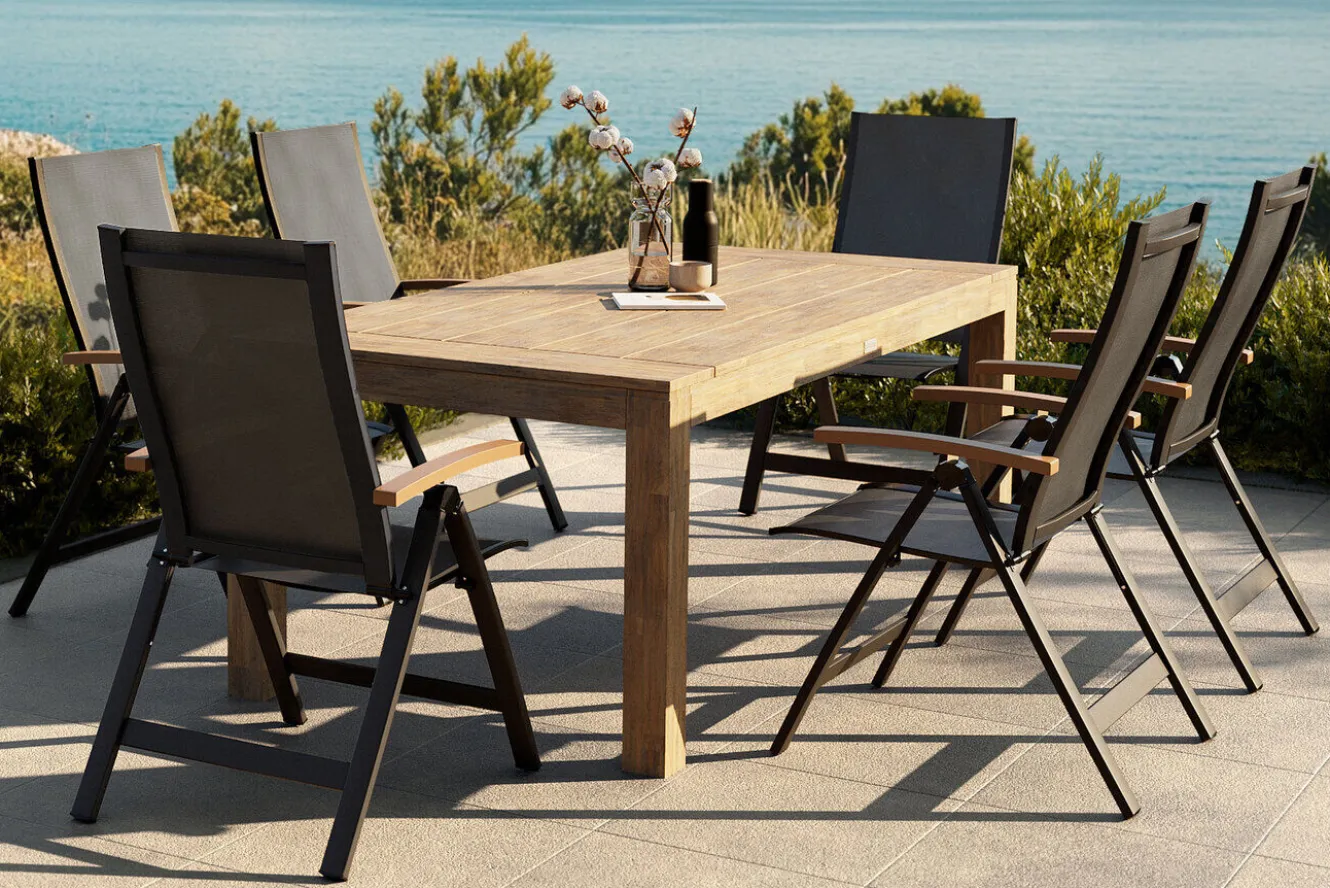 OUTFLEXX Garten-Essgruppe mit 6 Sesseln, anthrazit/natur, Alu/Akazie, klappbar, witterungsbeständig, FSC®-zertifiziertes Produkt