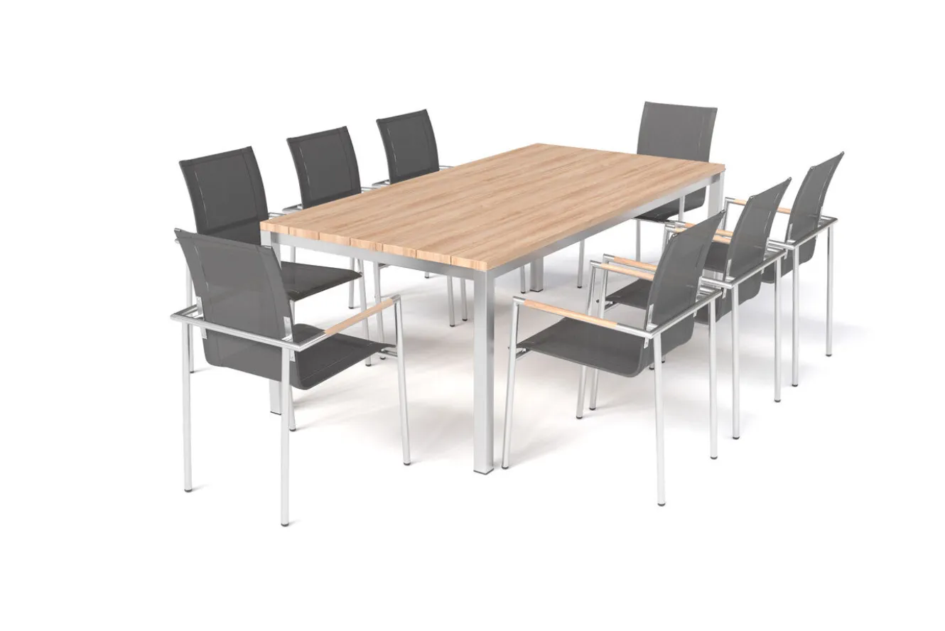 OUTFLEXX Garten-Essgruppe mit 6 Sesseln, silber/anthrazit, Edelstahl/Textilene, stapelbar, schmutzabweisend, pflegeleicht