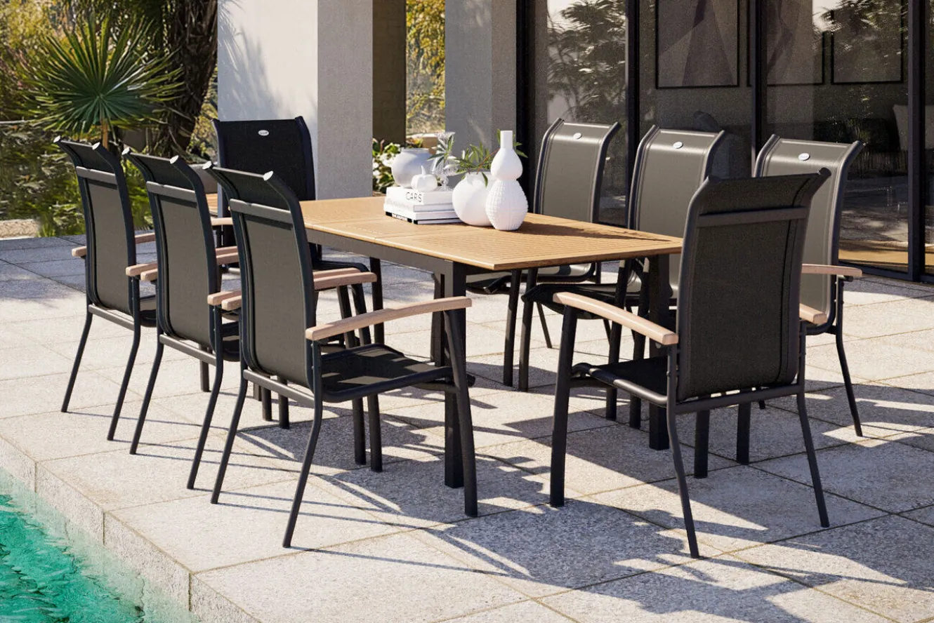 OUTFLEXX Garten-Essgruppe mit 8 Sesseln, xerix/anthrazit, Alu/Textilene, ausziehbar & stapelbar, witterungsbeständig, hohe Belastbarkeit, pflegeleicht