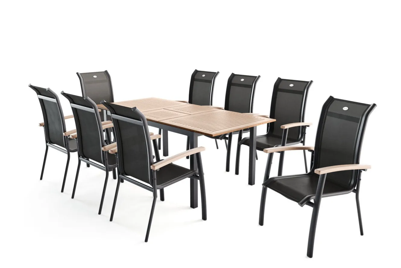 OUTFLEXX Garten-Essgruppe mit 8 Sesseln, xerix/anthrazit, Alu/Textilene, ausziehbar & stapelbar, witterungsbeständig, hohe Belastbarkeit, pflegeleicht