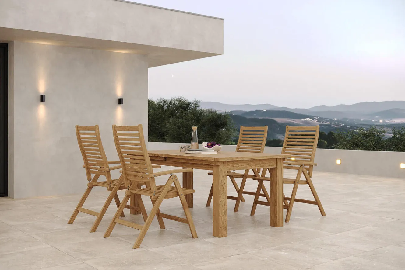 OUTFLEXX Garten-Essgruppe, natur, Akazie, Ausziehtisch 180/220/260 x 100 cm, 4 Klappstühle, FSC®-zertifiziertes Produkt
