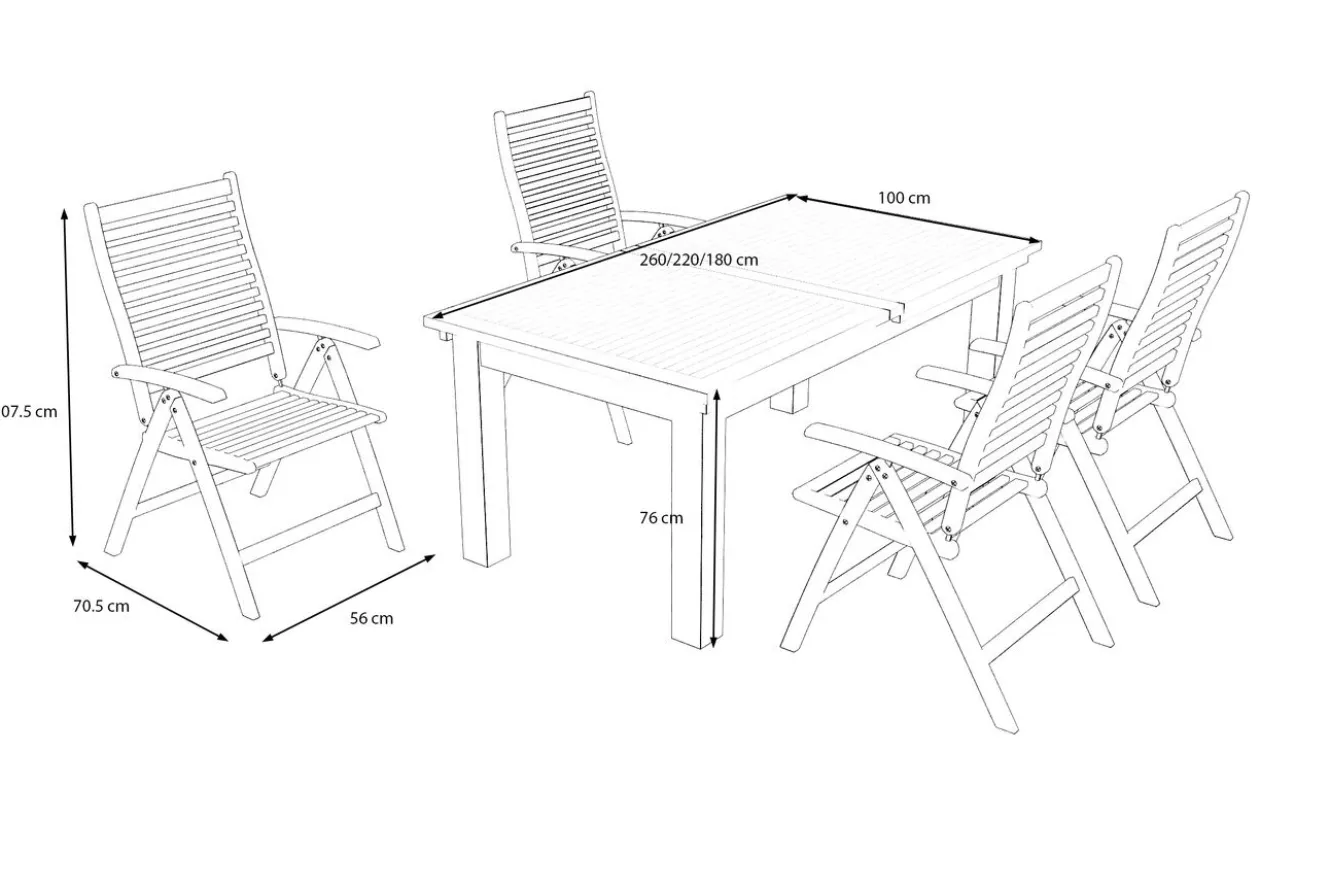 OUTFLEXX Garten-Essgruppe, natur, Akazie, Ausziehtisch 180/220/260 x 100 cm, 4 Klappstühle, FSC®-zertifiziertes Produkt