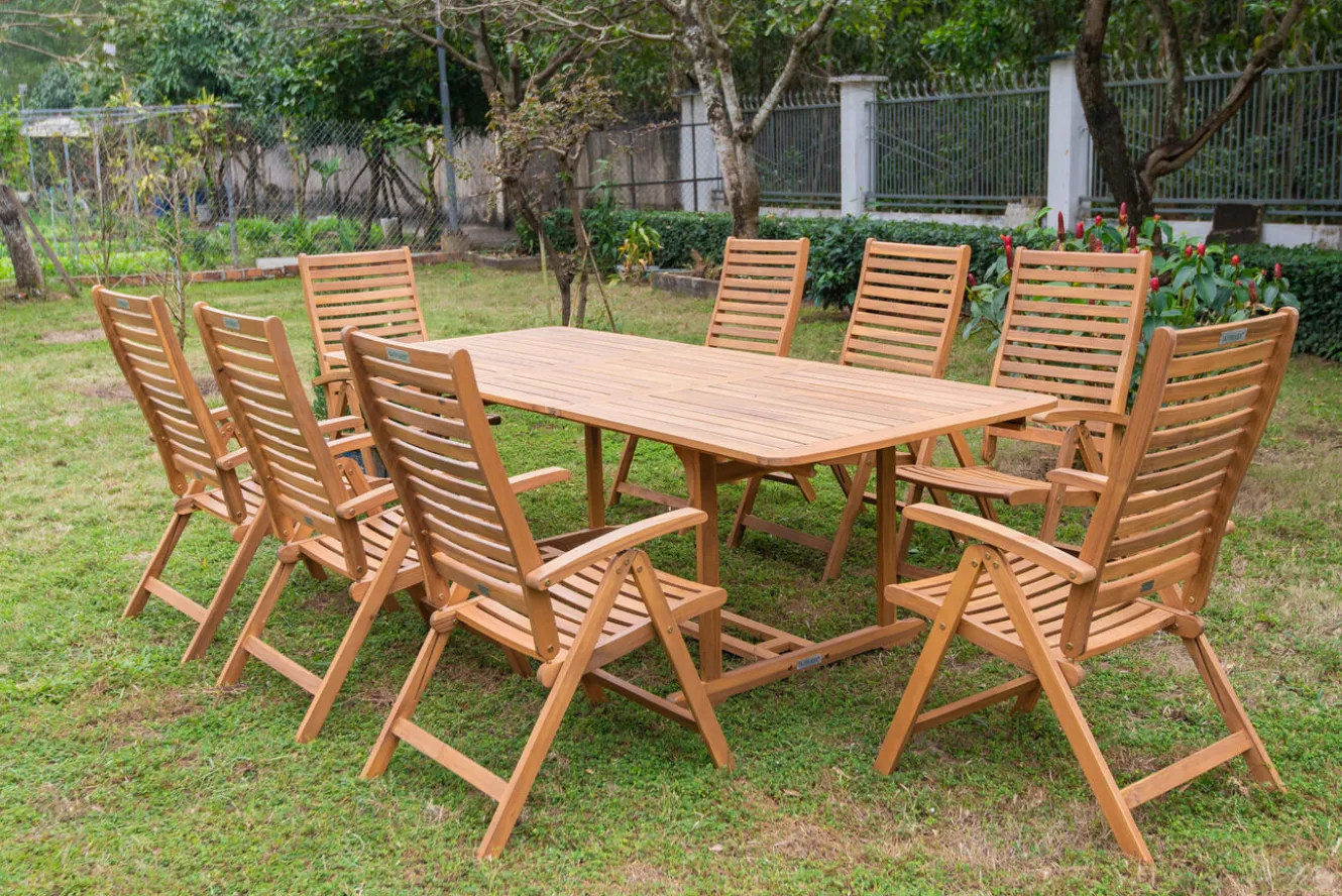 OUTFLEXX Garten-Essgruppe, natur, Akazie, Ausziehtisch 150/200 x 90 cm, 8 Klappstühle, klappbar, FSC®-zertifiziertes Produkt