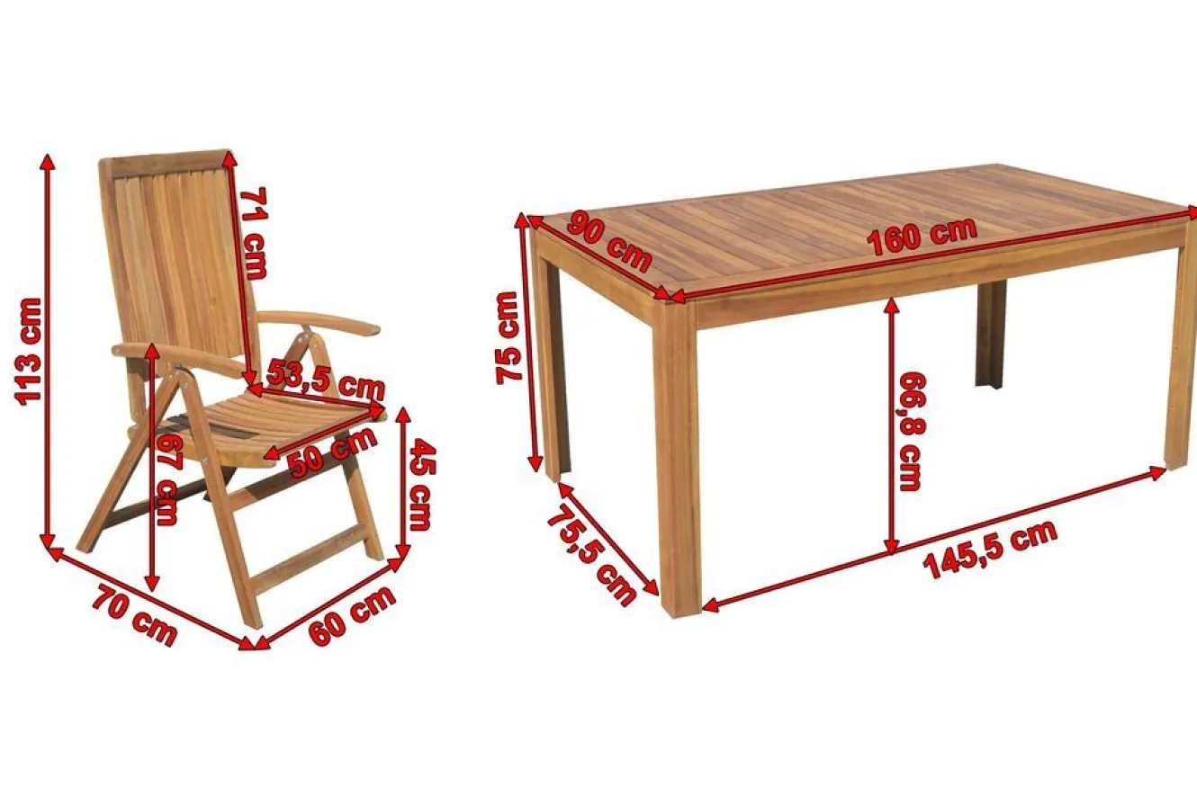OUTFLEXX Garten-Essgruppe, natur, Akazie, Tisch 160 x 90 cm, 6 Klappsessel, FSC®-zertifiziertes Produkt