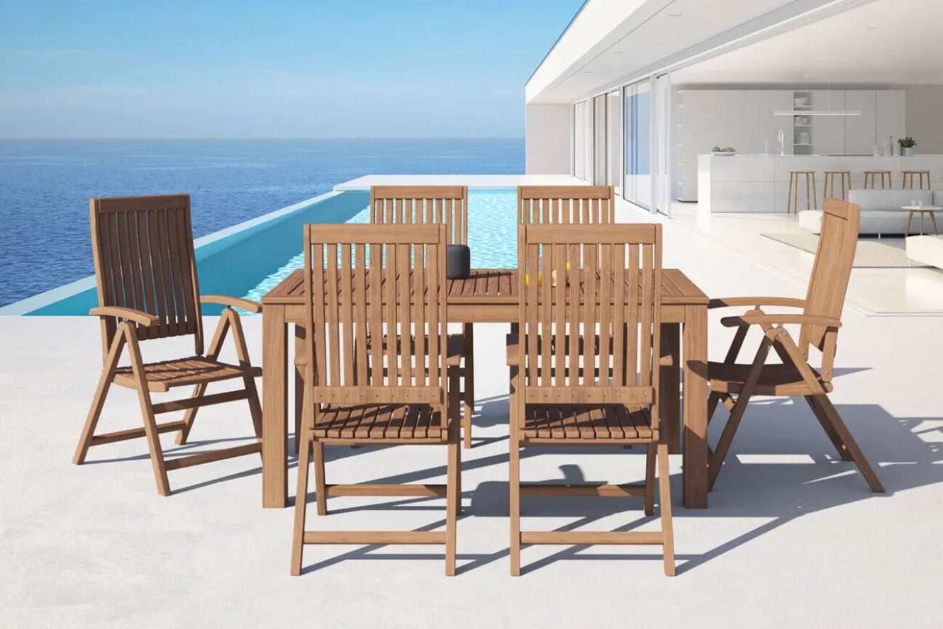 OUTFLEXX Garten-Essgruppe, natur, Akazie, Tisch 160 x 90 cm, 6 Klappsessel, FSC®-zertifiziertes Produkt