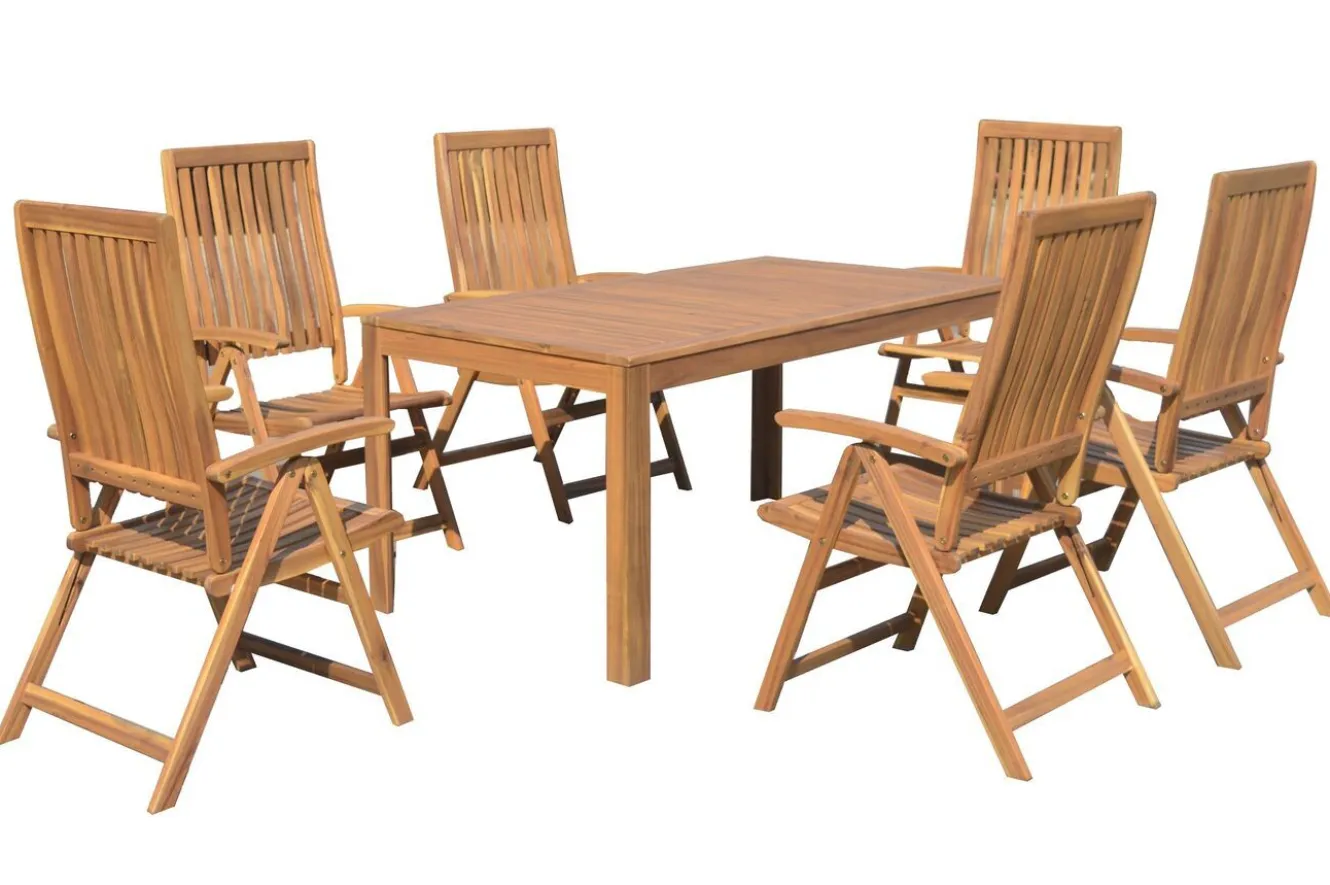 OUTFLEXX Garten-Essgruppe, natur, Akazie, Tisch 160 x 90 cm, 6 Klappsessel, FSC®-zertifiziertes Produkt
