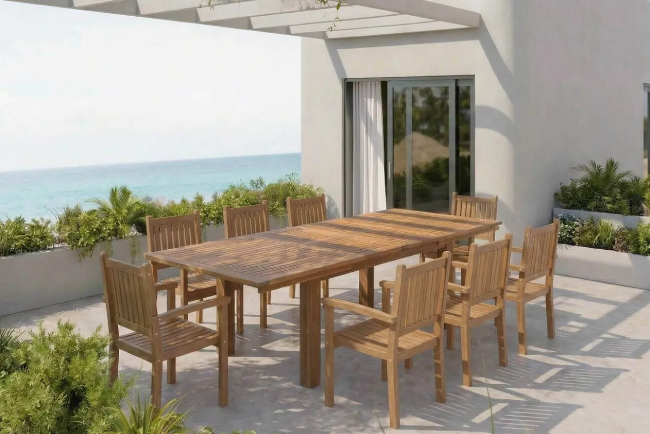 OUTFLEXX Garten-Essgruppe, natur, Akazie, Ausziehtisch 180/220/260 x 100 cm, 8 Gartenstühle, FSC®-zertifiziertes Produkt