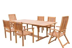 OUTFLEXX Garten-Essgruppe, natur, Akazie, Ausziehtisch 150/200 x 90 cm, 2 Klappstühle, 4 Armlehnensessel, FSC®-zertifiziertes Produkt