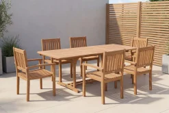 OUTFLEXX Garten-Essgruppe, natur, Akazie, Ausziehtisch 150/200 x 90 cm, 6 Armlehnensessel, FSC®-zertifiziertes Produkt