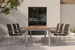 OUTFLEXX Garten-Essgruppe, natur/anthrazit, Edelstahl/Textilene/Teakholz, Ausziehtisch 220/340x100cm, 6 Diningsessel, FSC®-zertifiziertes Produkt