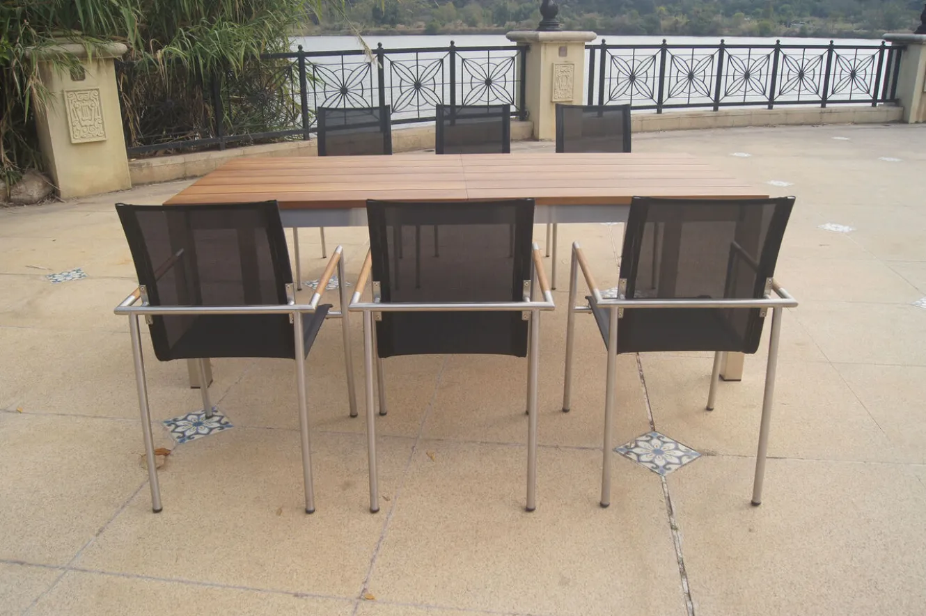 OUTFLEXX Garten-Essgruppe, natur/anthrazit, Edelstahl/Textilene/Teakholz, Ausziehtisch 220/340x100cm, 6 Diningsessel, FSC®-zertifiziertes Produkt