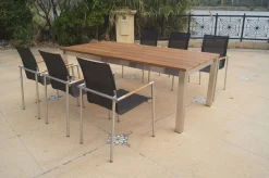 OUTFLEXX Garten-Essgruppe, natur/anthrazit, Edelstahl/Textilene/Teakholz, Ausziehtisch 220/340x100cm, 6 Diningsessel, FSC®-zertifiziertes Produkt
