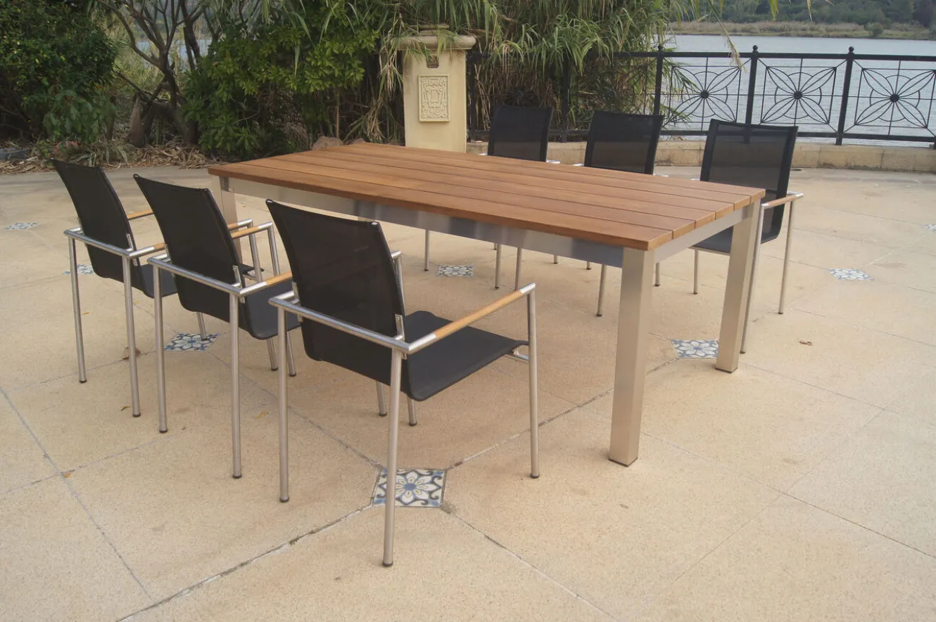 OUTFLEXX Garten-Essgruppe, natur/anthrazit, Edelstahl/Textilene/Teakholz, Ausziehtisch 220/340x100cm, 6 Diningsessel, FSC®-zertifiziertes Produkt