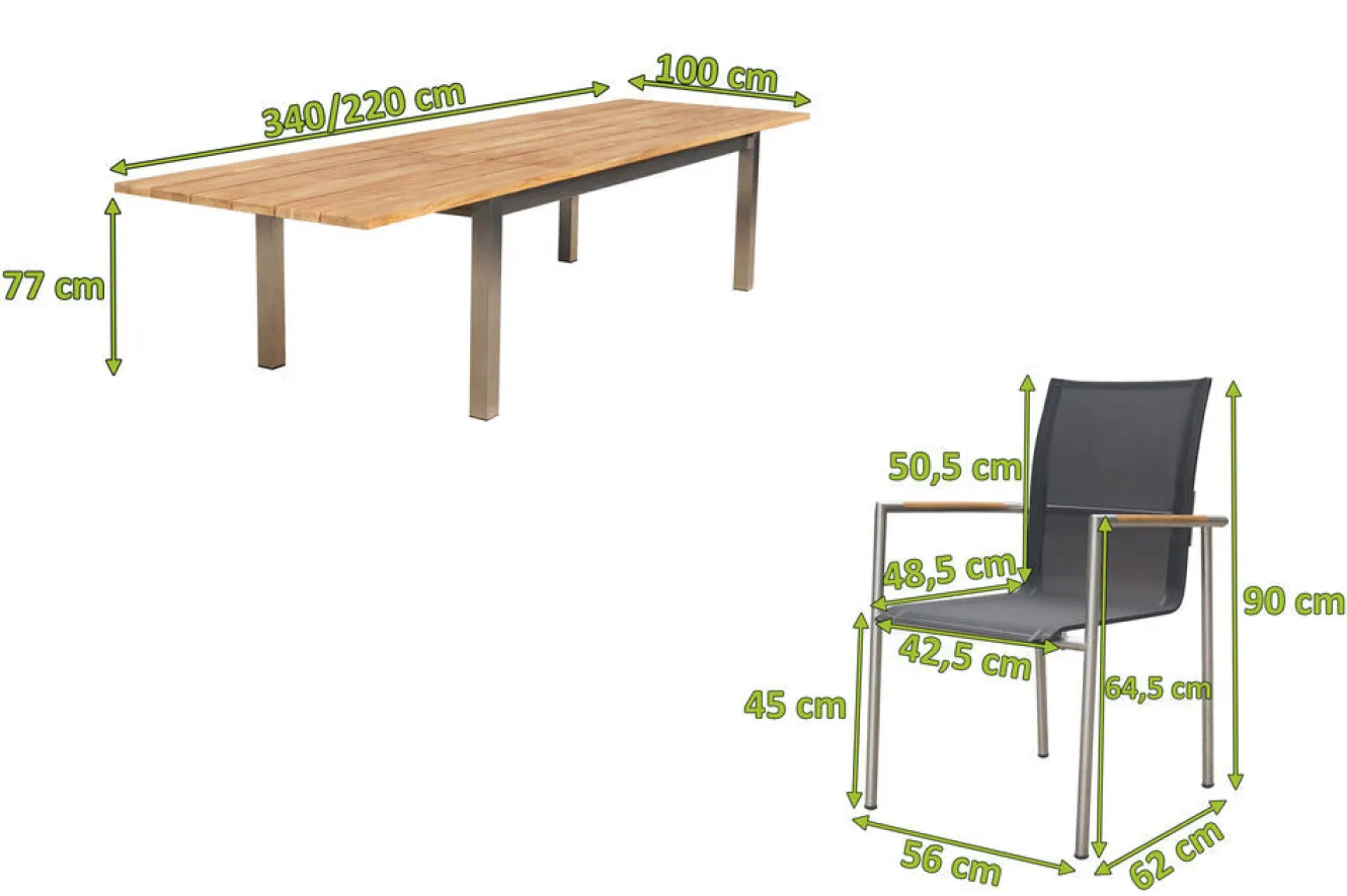 OUTFLEXX Garten-Essgruppe, natur/anthrazit, Edelstahl/Textilene/Teakholz, Ausziehtisch 220/340x100cm, 6 Diningsessel, FSC®-zertifiziertes Produkt
