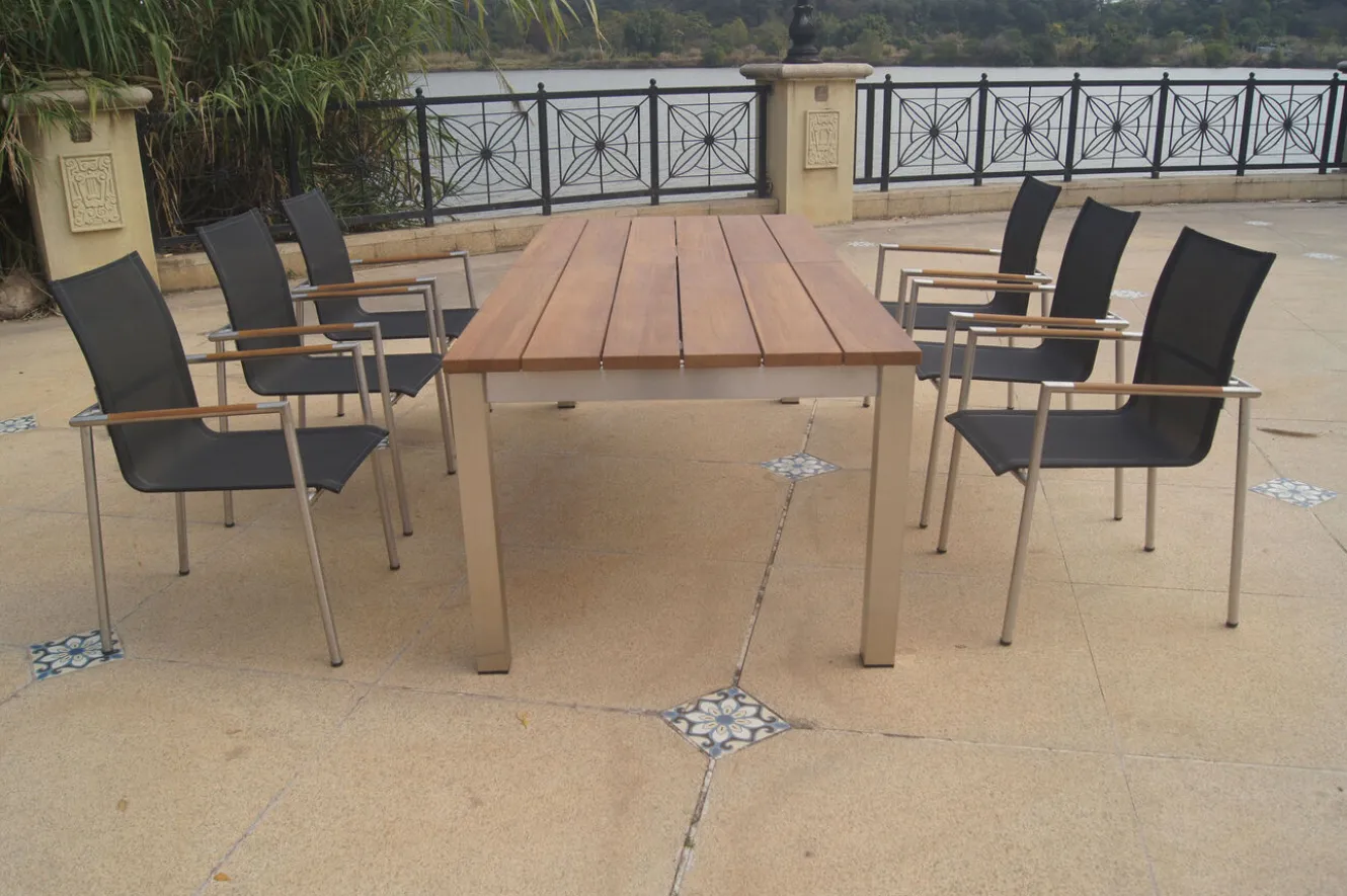 OUTFLEXX Garten-Essgruppe, natur/anthrazit, Edelstahl/Textilene/Teakholz, Ausziehtisch 220/340x100cm, 6 Diningsessel, FSC®-zertifiziertes Produkt