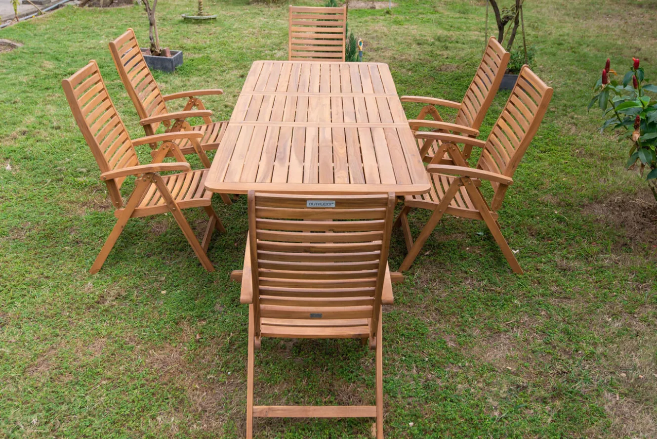 OUTFLEXX Garten-Essgruppe, natur, Akazie, Ausziehtisch 150/200 x 90 cm, 6 Klappstühle, klappbar, FSC®-zertifiziertes Produkt