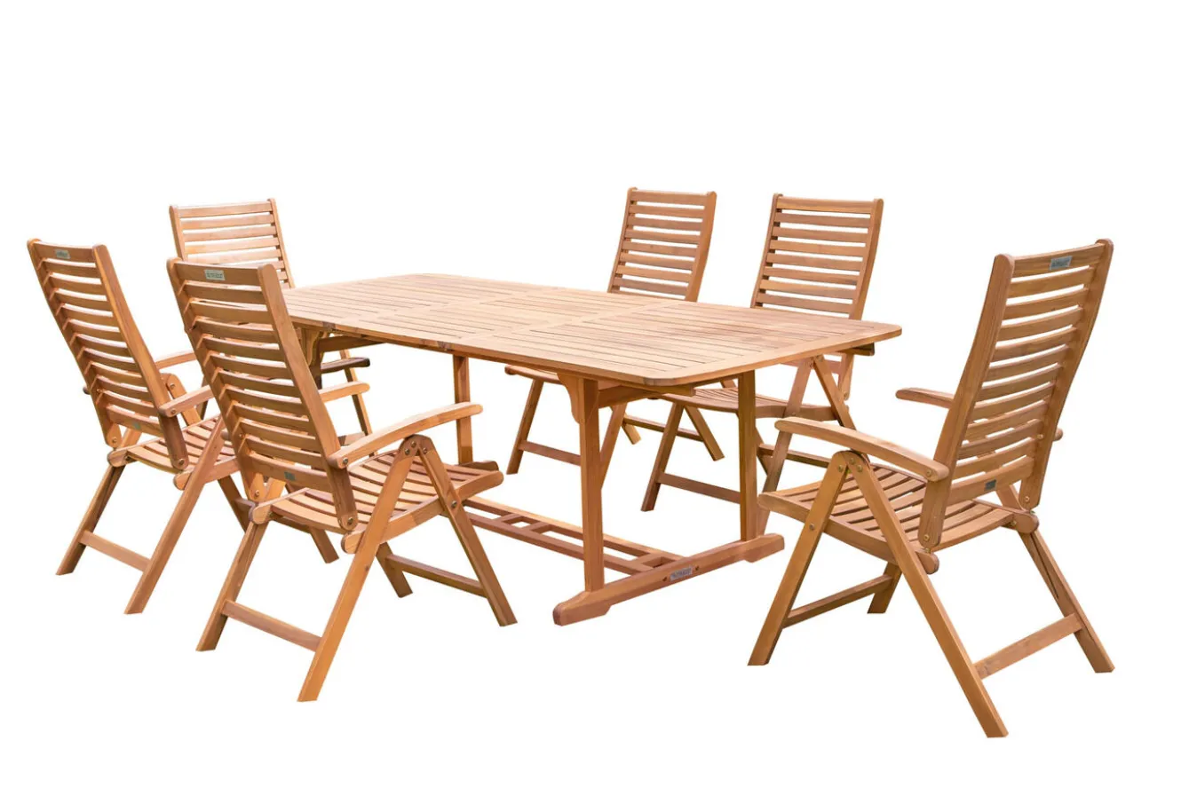 OUTFLEXX Garten-Essgruppe, natur, Akazie, Ausziehtisch 150/200 x 90 cm, 6 Klappstühle, klappbar, FSC®-zertifiziertes Produkt