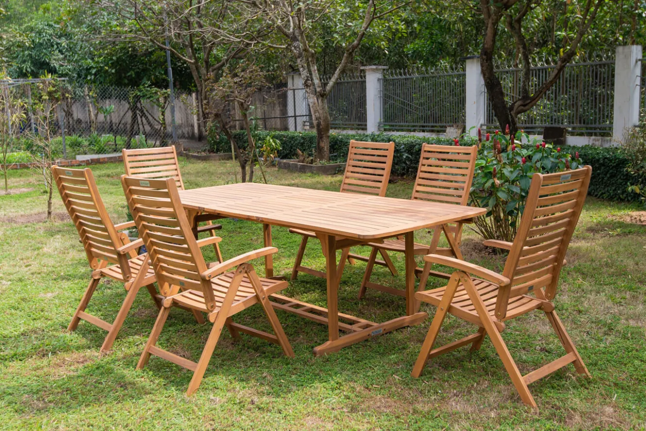 OUTFLEXX Garten-Essgruppe, natur, Akazie, Ausziehtisch 150/200 x 90 cm, 6 Klappstühle, klappbar, FSC®-zertifiziertes Produkt