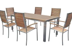 OUTFLEXX Garten-Essgruppe, natur, Edelstahl/Teak, Esstisch 200 x 90 cm, 6 Stapelstühle, FSC®-zertifiziertes Produkt