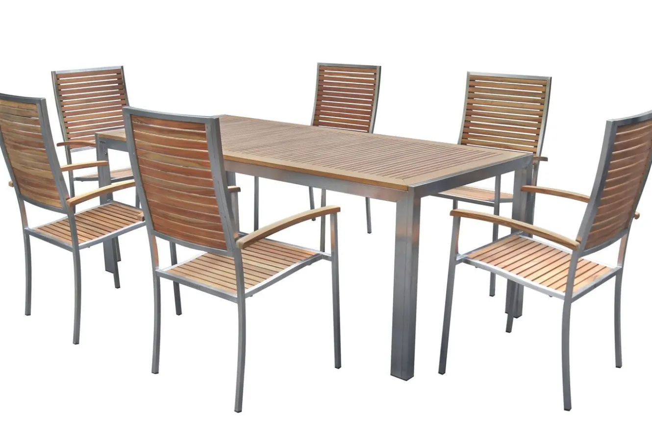 OUTFLEXX Garten-Essgruppe, natur, Edelstahl/Teak, Esstisch 200 x 90 cm, 6 Stapelstühle, FSC®-zertifiziertes Produkt