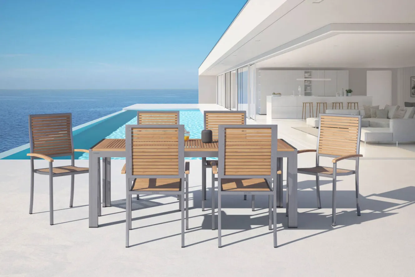 OUTFLEXX Garten-Essgruppe, natur, Edelstahl/Teak, Esstisch 200 x 90 cm, 6 Stapelstühle, FSC®-zertifiziertes Produkt