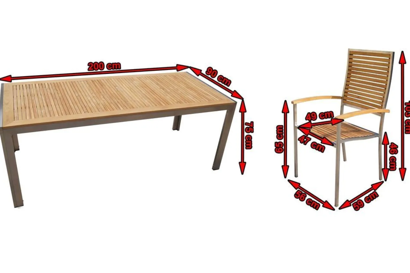 OUTFLEXX Garten-Essgruppe, natur, Edelstahl/Teak, Esstisch 200 x 90 cm, 6 Stapelstühle, FSC®-zertifiziertes Produkt