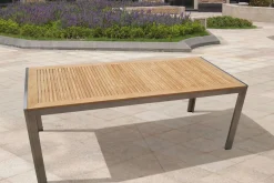 OUTFLEXX Garten-Essgruppe, natur, Edelstahl/Teak, Esstisch 200 x 90 cm, 6 Stapelstühle, FSC®-zertifiziertes Produkt