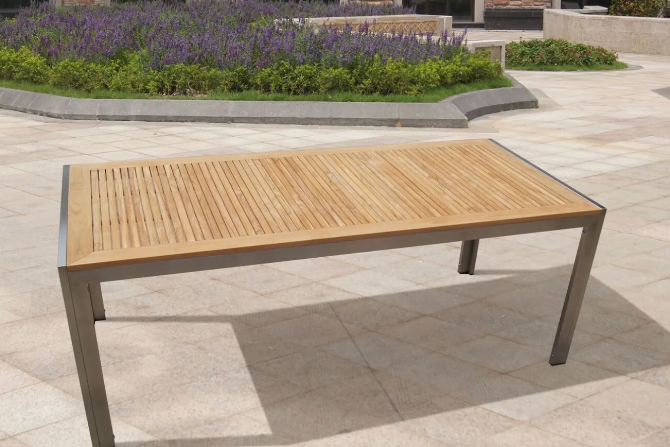 OUTFLEXX Garten-Essgruppe, natur, Edelstahl/Teak, Esstisch 200 x 90 cm, 6 Stapelstühle, FSC®-zertifiziertes Produkt