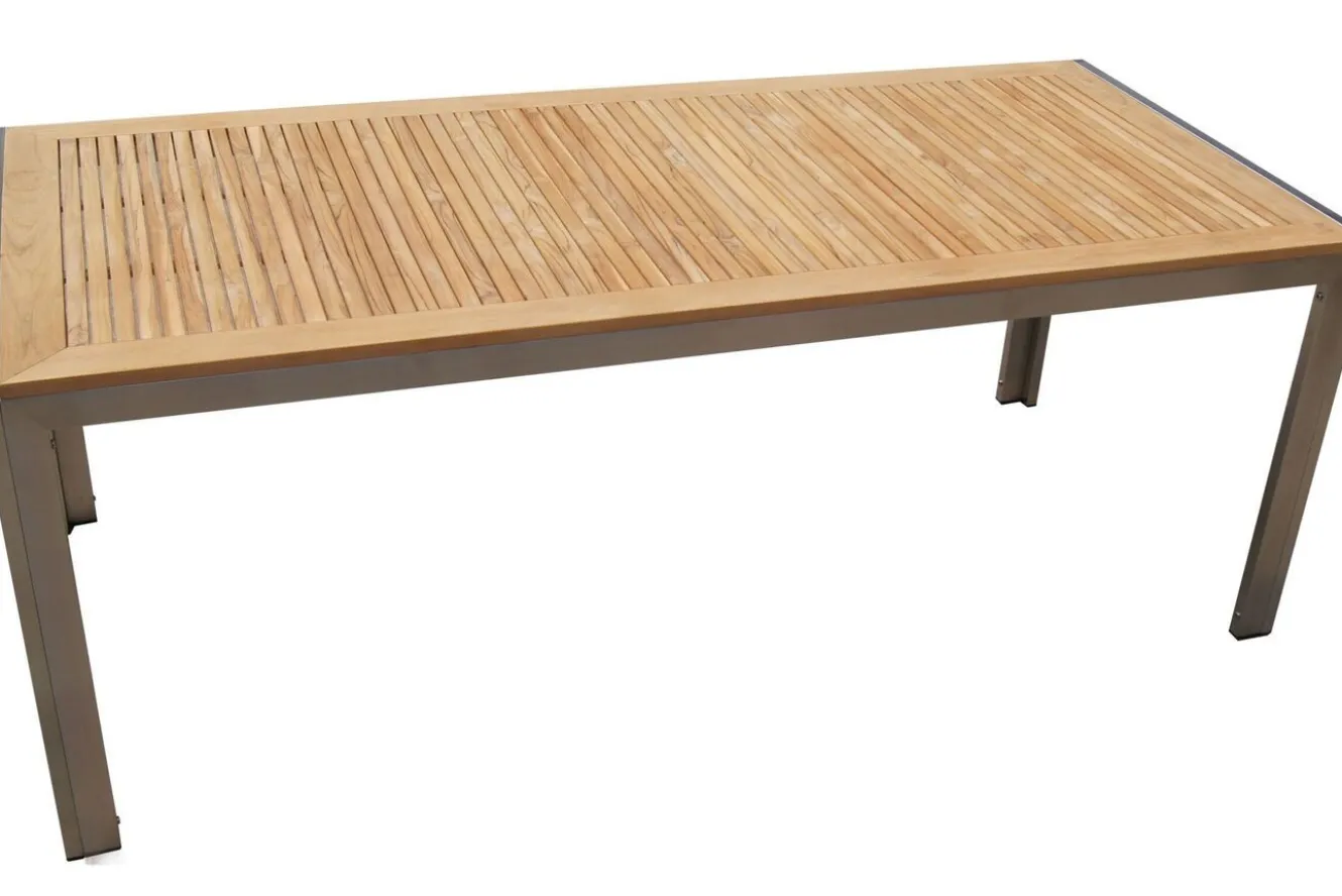 OUTFLEXX Garten-Essgruppe, natur, Edelstahl/Teak, Esstisch 200 x 90 cm, 6 Stapelstühle, FSC®-zertifiziertes Produkt