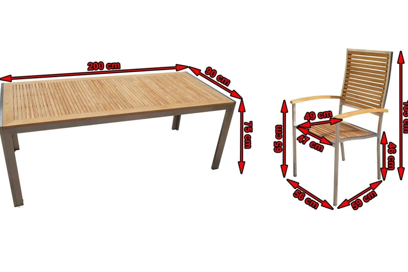 OUTFLEXX Garten-Essgruppe, natur, Edelstahl/Teak, Esstisch 200 x 90 cm, 6 Stapelstühle, FSC®-zertifiziertes Produkt