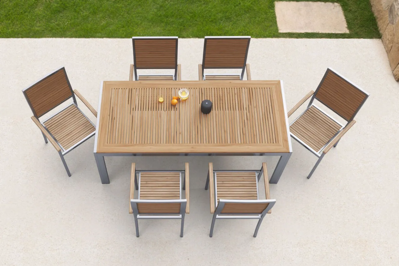 OUTFLEXX Garten-Essgruppe, natur, Edelstahl/Teak, Esstisch 200 x 90 cm, 6 Stapelstühle, FSC®-zertifiziertes Produkt