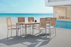 OUTFLEXX Garten-Essgruppe, natur, Edelstahl/Teak, Esstisch 200 x 90 cm, 6 Stapelstühle, FSC®-zertifiziertes Produkt